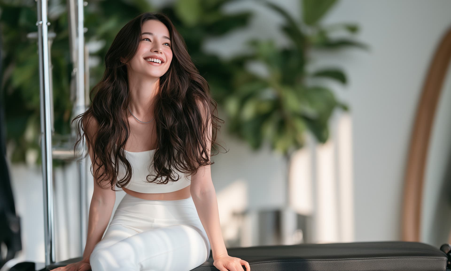 MOMO PERSONAL MACHINE PILATES 提供の公式ビジュアル。観葉植物のある明るいスタジオでマシンのベンチに腰かけて微笑む女性のイメージ